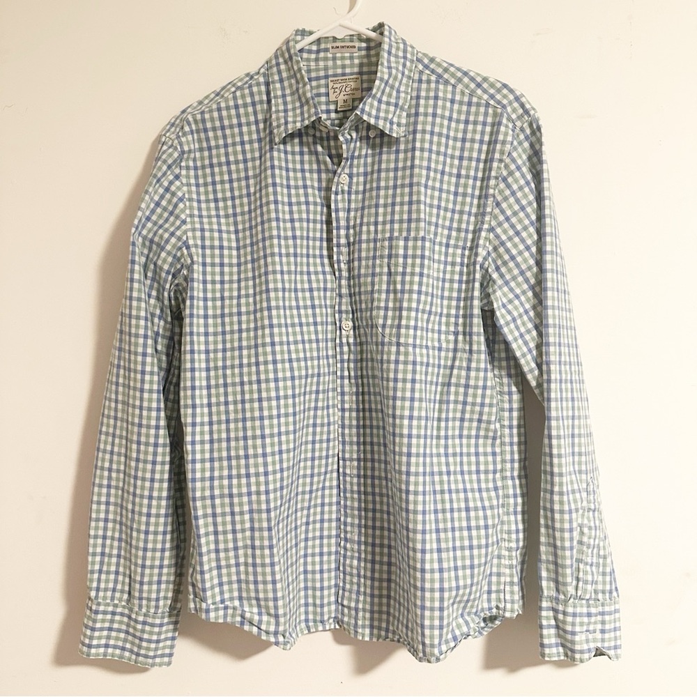 J. Crew Slim Untucked Shirt M Blue Green Check Organic Cotton Stretch